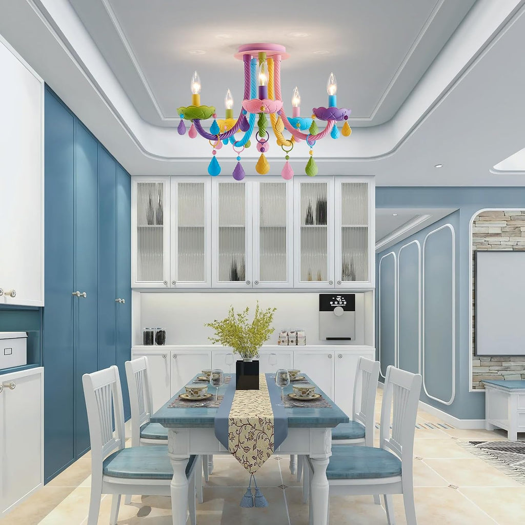 5-Light Children Candle Chandeliers, Modern Candy Design Flush Mount Close to Ceiling Light for Bedroom, Dining Room, Kitchen, Bathroom, D22 × H16 inch, Macaron Colorful Finish & K9 Crystal
