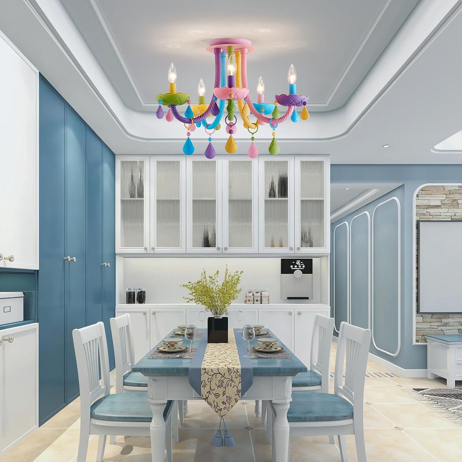 5-Light Children Candle Chandeliers, Modern Candy Design Flush Mount Close to Ceiling Light for Bedroom, Dining Room, Kitchen, Bathroom, D22 × H16 inch, Macaron Colorful Finish & K9 Crystal