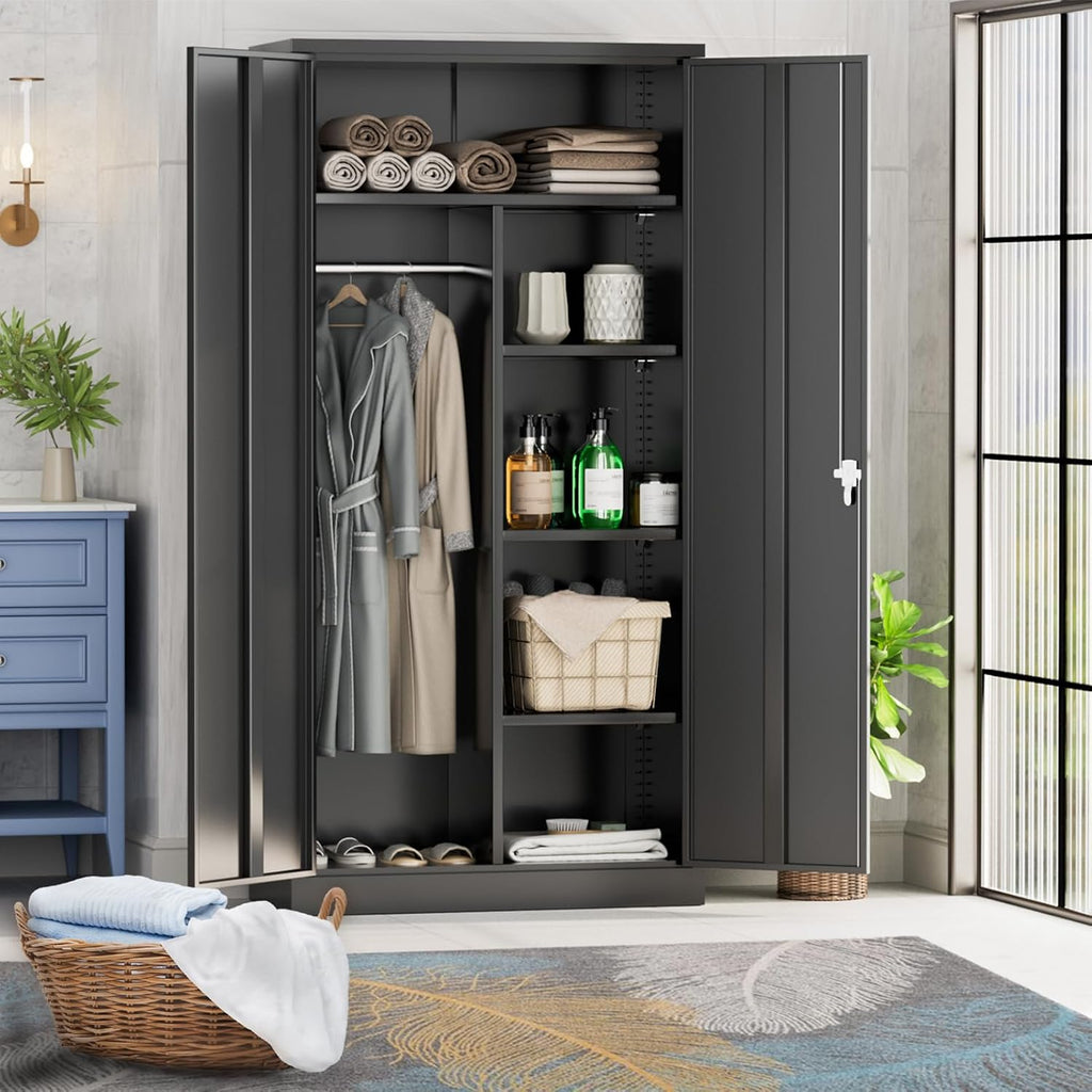 Greenvelly Metal Storage Cabinet with 2 Doors, Black 72' Steel Storage Wardrobe Cabinet, Employees Locker Closet Clothing Coat Steel Wardrobe Cabinet with Hanging Rod for Garage, Gym, Home Office