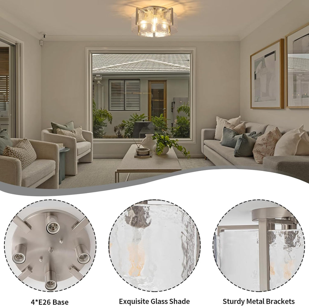 Nickel Semi Flush Mount Ceiling Light Fixture, 17.7-Inch Glass Drum Flush Mount Light Modern Foyer Lighting Fixtures Farmhouse Kitchen Lights for Entryway Hallway Bathroom Laundry Room Bedroom