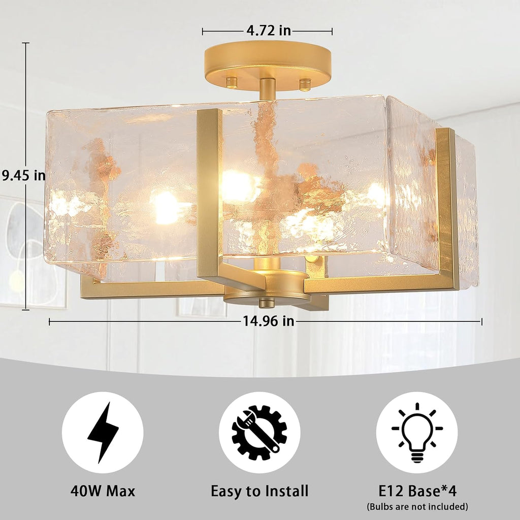 Gold Flush Mount Ceiling Light, 4-Light Brass Vintage Semi Flush Mount Hallway Foyer light fixture, Modern Glass Square Close to Ceiling Light for Kitchen, Dining Room, Bedroom, Bathroom, Entryway