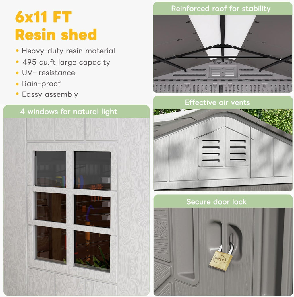 KINYING 6x11 FT Outdoor Storage Shed with Floor,Resin Outdoor Garden Tool Shed with Windows,Lockable Weather Resistant Large Plastic Shed for Bike Storage,Lawn Mower,Pool Supplies