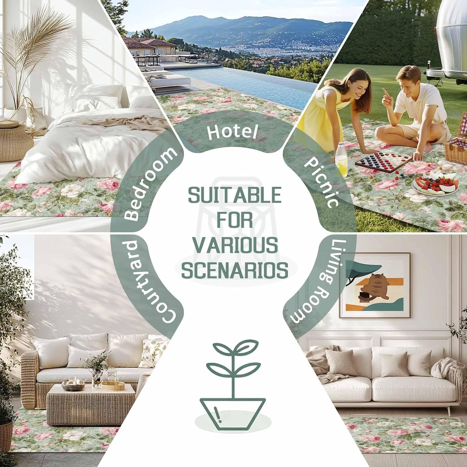 White Pink Flower Outdoor Rug for Patio/Deck/Porch, Non-Slip Large Area Rug 6 x 9 Ft, Shabby Chic Spring Vintage Leaf Green Indoor Outdoor Rugs Washable Area Rugs, Reversible Camping Rug Carpet Runner