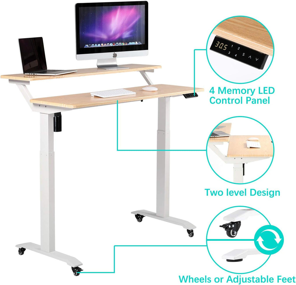 UNICOO Electric Height Adjustable 2-Tier Raising Desk with Wheels, Mobile Standing Desk with Monitor Stand, Ergonomic Adjustable Computer Table, Electric Standing Game Table for Home Office