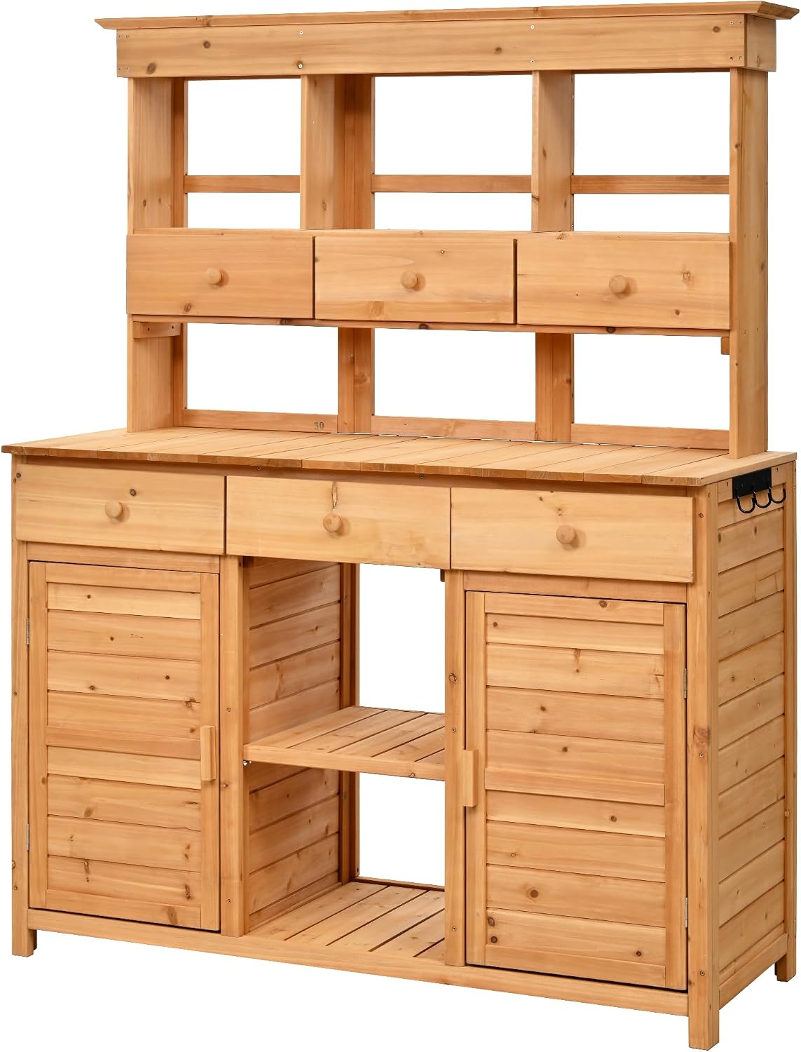 Harper & Bright Designs 65.7'' H Tall Garden Potting Bench Table with Hutch,Patio Storage Workstation with 3 Shelves,6 Drawers,2 Bottom Cabinets&Side Hooks for Mudroom,Doorway, Natural