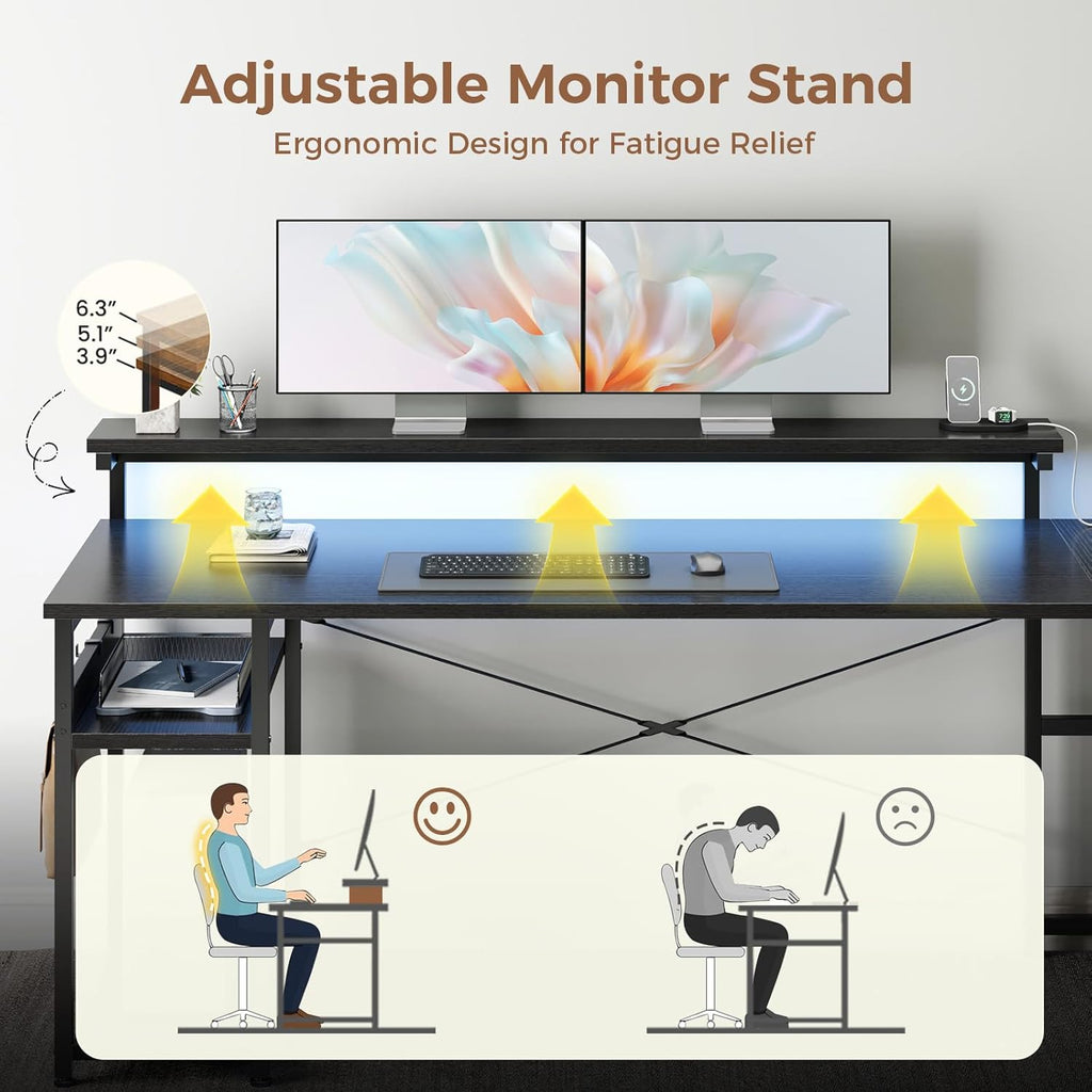 AODK 61' L Shaped Desk with Drawer, Computer Desk with Power Outlets & LED Lights, Reversible Corner Gaming Desk for Home Office Workstation, Office Desk with Monitor Shelf, Pure Black