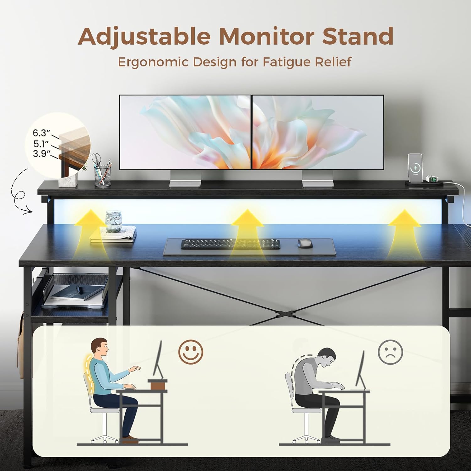 AODK 61' L Shaped Desk with Drawer, Computer Desk with Power Outlets & LED Lights, Reversible Corner Gaming Desk for Home Office Workstation, Office Desk with Monitor Shelf, Pure Black