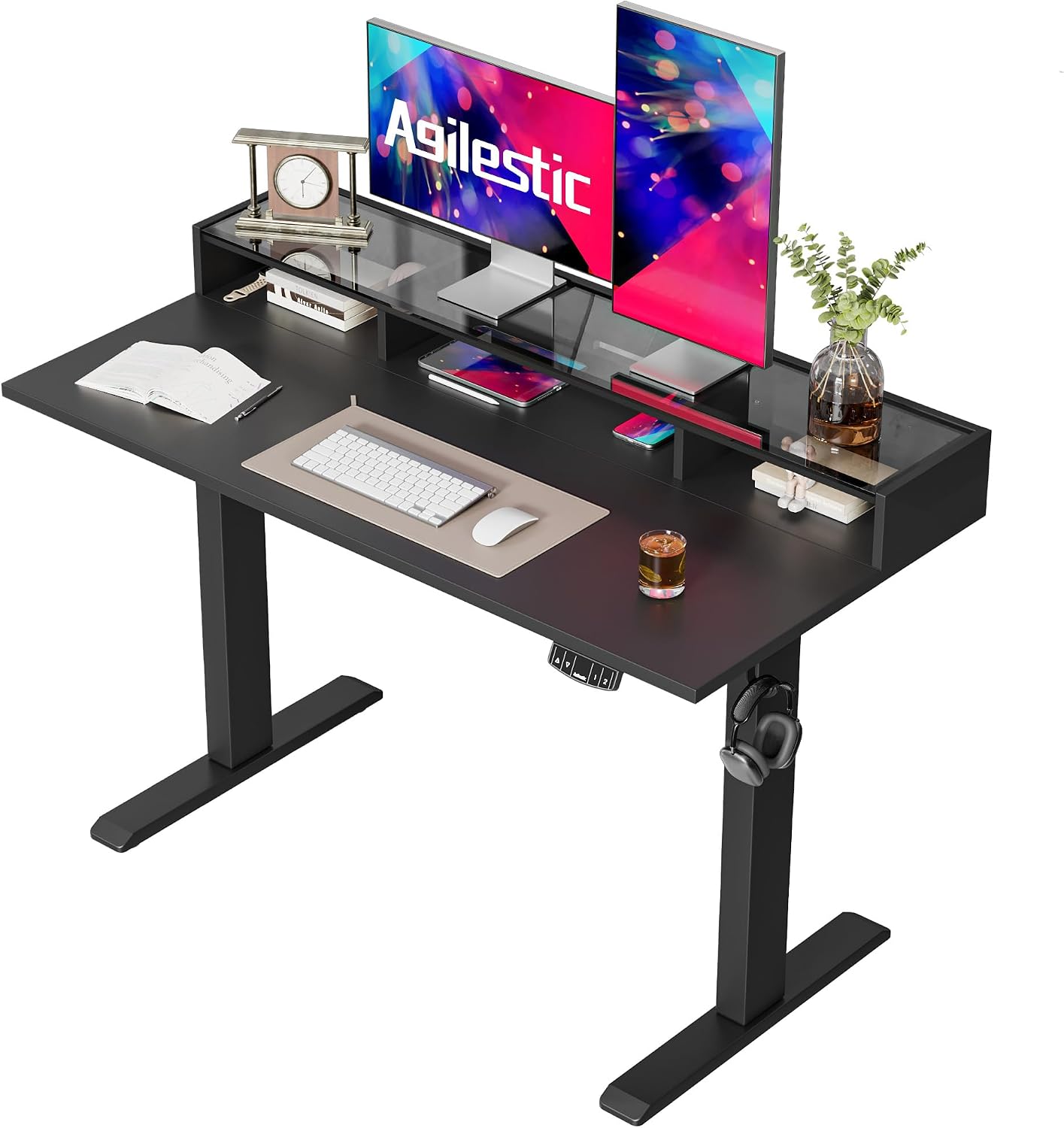 Agilestic 48 x 24 Inches Electric Standing Desk with Storage, Adjustable Height Sit and Stand Computer Table with Glass Shelf, Splice Board, Black