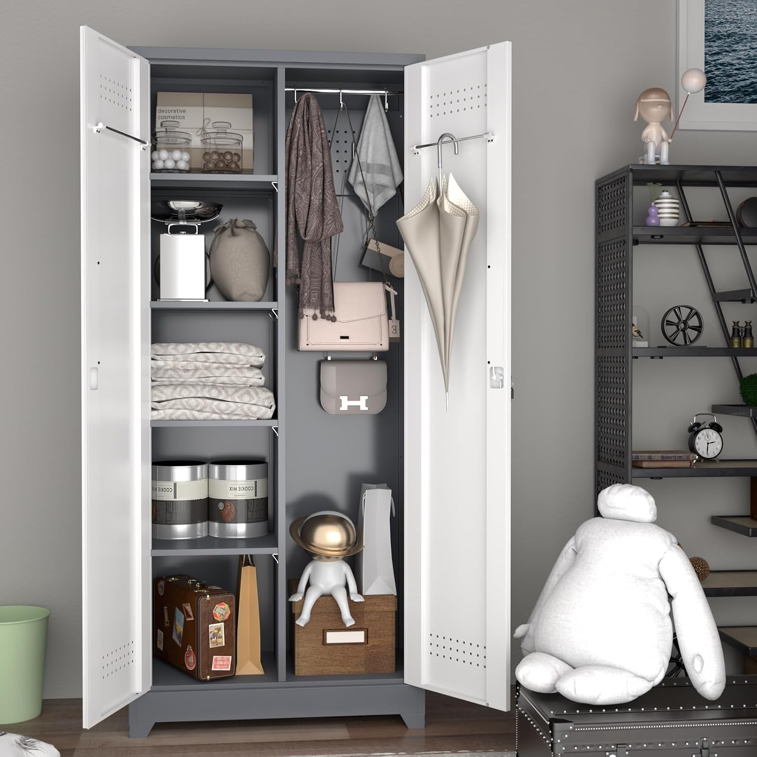 LUCYPAL Broom Storage Cabinet with Locking Doors and Shelves,Broom Closet Storage Cabinet with Hanging Rod and Hooks,Metal Garage Cabinets for Kitchen,Bathroom,Office 72.8' H White&Grey