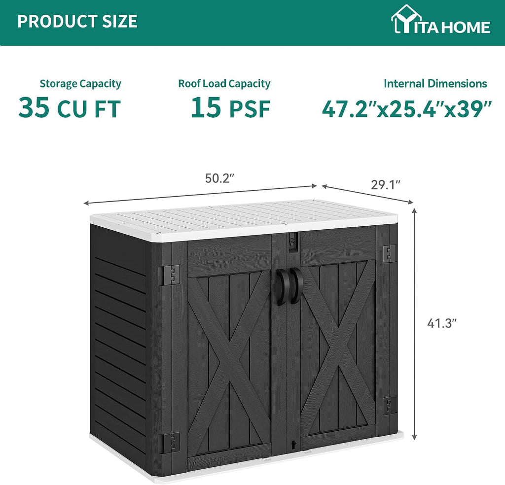 YITAHOME Outdoor Horizontal Storage Shed with X-Shaped Lockable Door, 35 Cu Ft All-Weather Resin Tool Shed w/o Shelf, Ideal for Bike, Trash Cans, Garden Tools, Lawn Mowers, Dark Gray