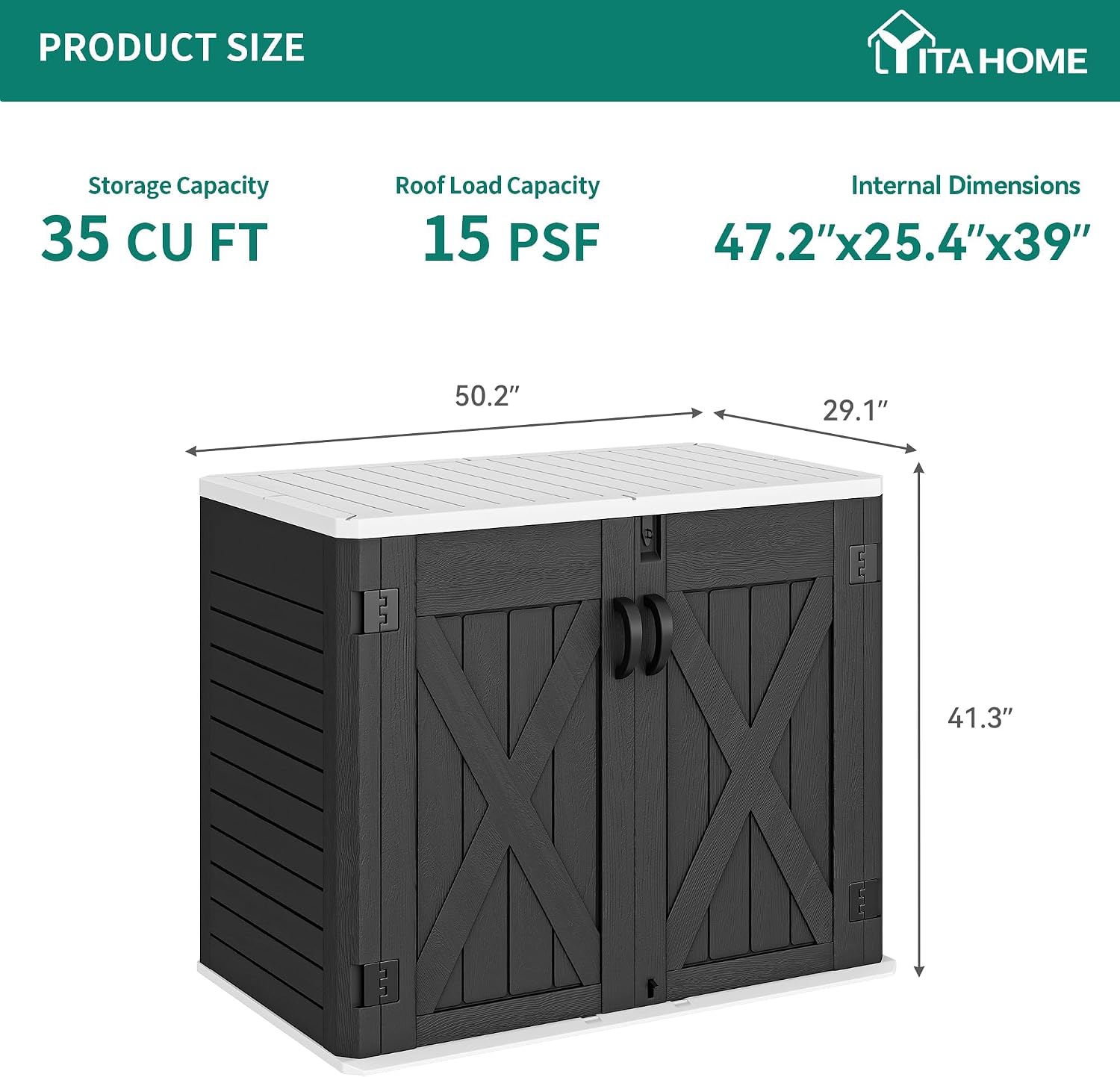 YITAHOME Outdoor Horizontal Storage Shed with X-Shaped Lockable Door, 35 Cu Ft All-Weather Resin Tool Shed w/o Shelf, Ideal for Bike, Trash Cans, Garden Tools, Lawn Mowers, Dark Gray