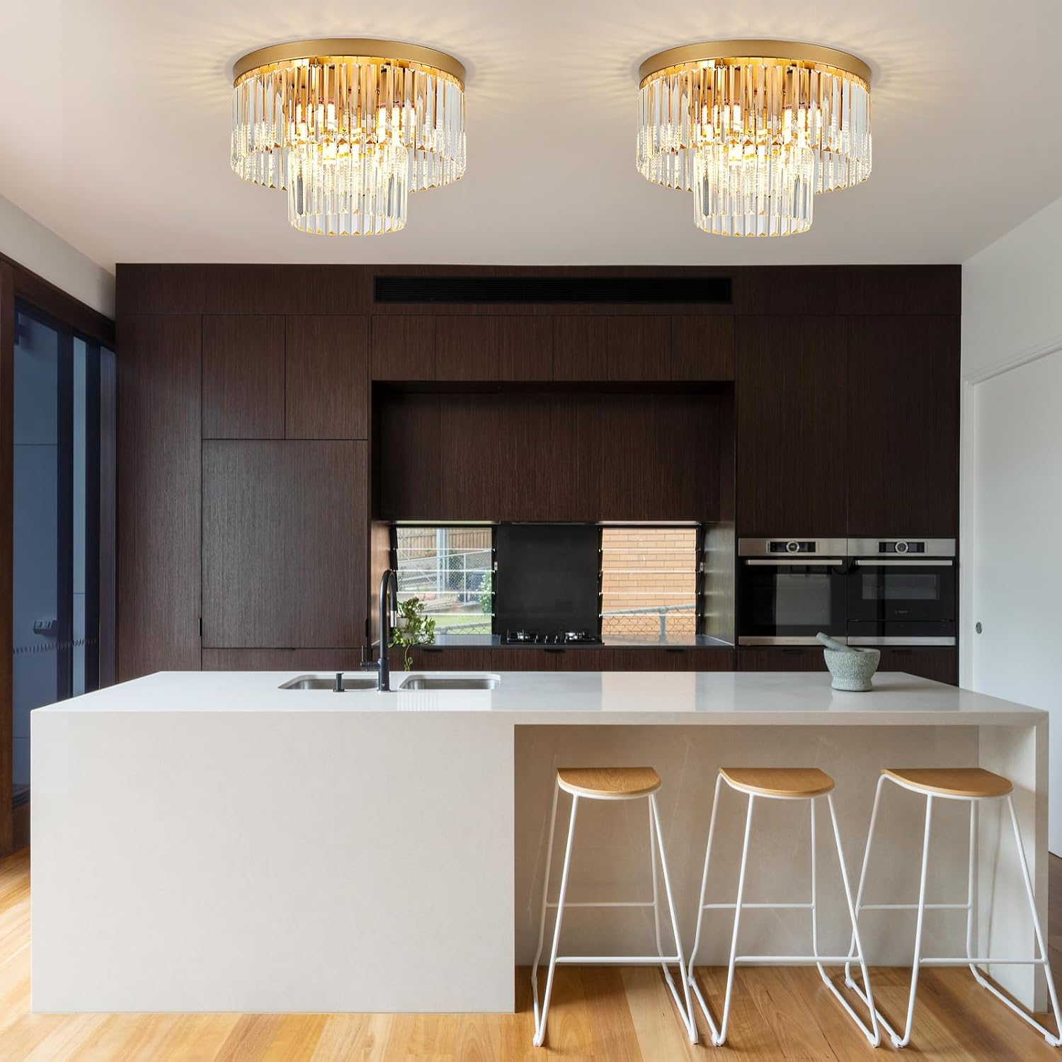 17' Gold Crystal Ceiling Light 9-Light Modern Crystal Light Fixture 2-Tier Luxury K9 Crystal Ceiling Light,for Dining Room Kitchen Island Living Room Bedroom