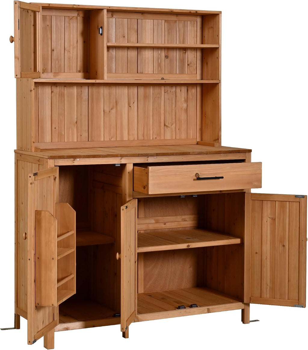65' H Potting Bench with Hutch, Solid Fir Wood Patio Kitchen Island with Adjustable Shelves, 2-Tier Inner Spice Rack in Door, Side Hook and Drawer, Large Countertop, Magnetic Stoppers (Natural-115)
