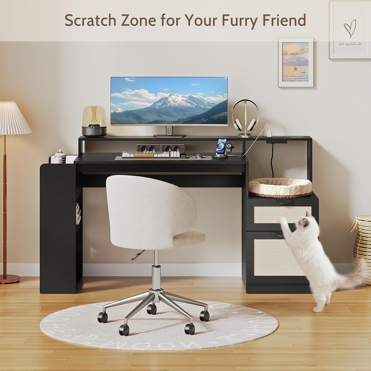 Farmhouse Computer Desk with Drawers and Power Outlets, 60' Home Office Desk with Adjustable File Drawer, Cat Scratching Pad, Printer Stand, Shelves & Monitor Riser, Black