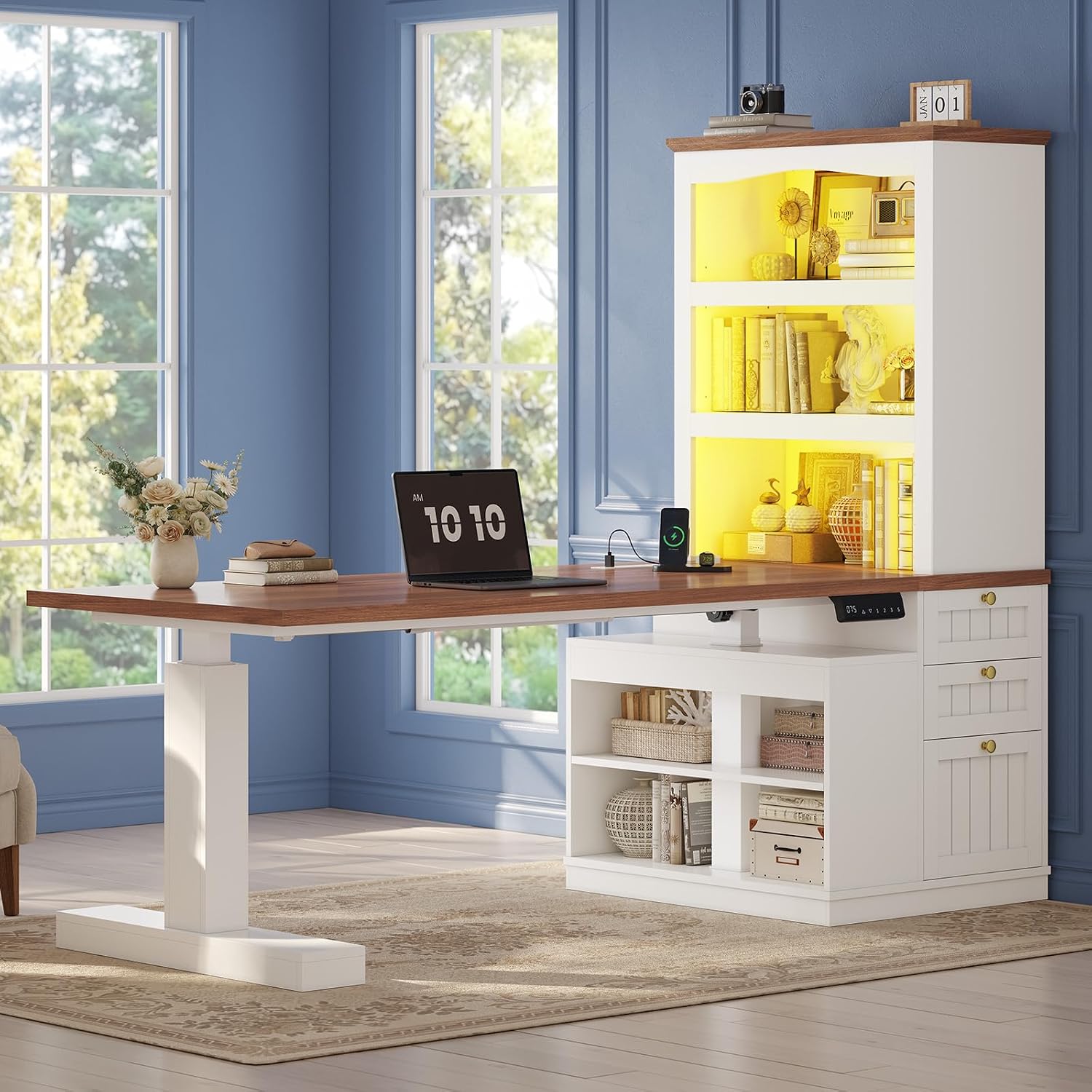 UPOSOJA Farmhouse Standing Desk Adjustable Height with 3-Tier Bookcase, 55' Executive Electric Office Desk, Sit Stand Computer Desk with Storage Shelves, File Drawers, Power Outlets, Led Light, White