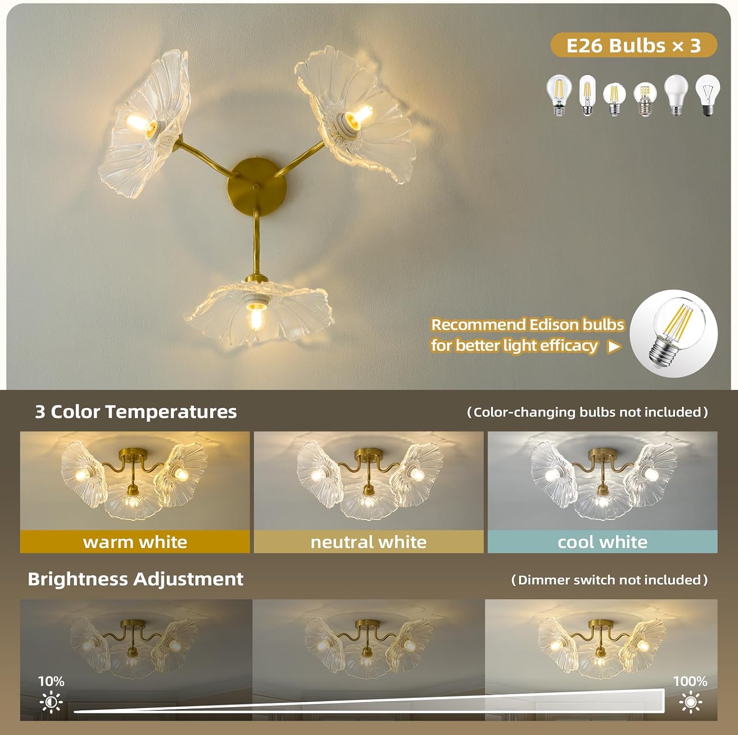 Flower Glass 3 Lights Ceiling Light - Gold Vintage Floral Semi Flush Mount Chandelier Lighting Fixtures - Mid Century Modern Art Deco Lamps for Bedroom Bathroom Hallway Foyer Hall Kitchen Living Room
