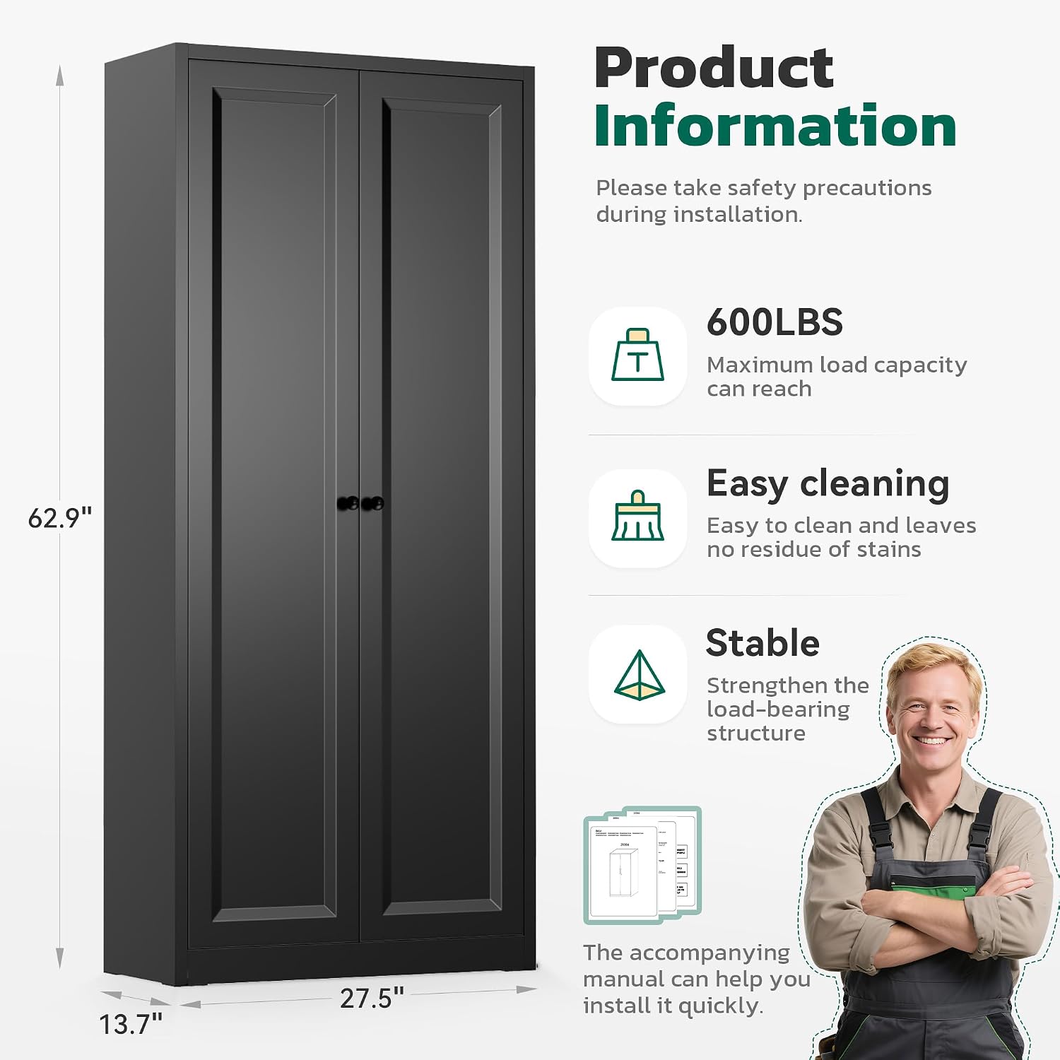 Greenvelly Metal Cabinet, 63' H Black Metal Storage Cabinet with Doors and 4 Shelves, Pantry Storage Cabinet for Kitchen, Bedroom, Living Room, Office (Modern)