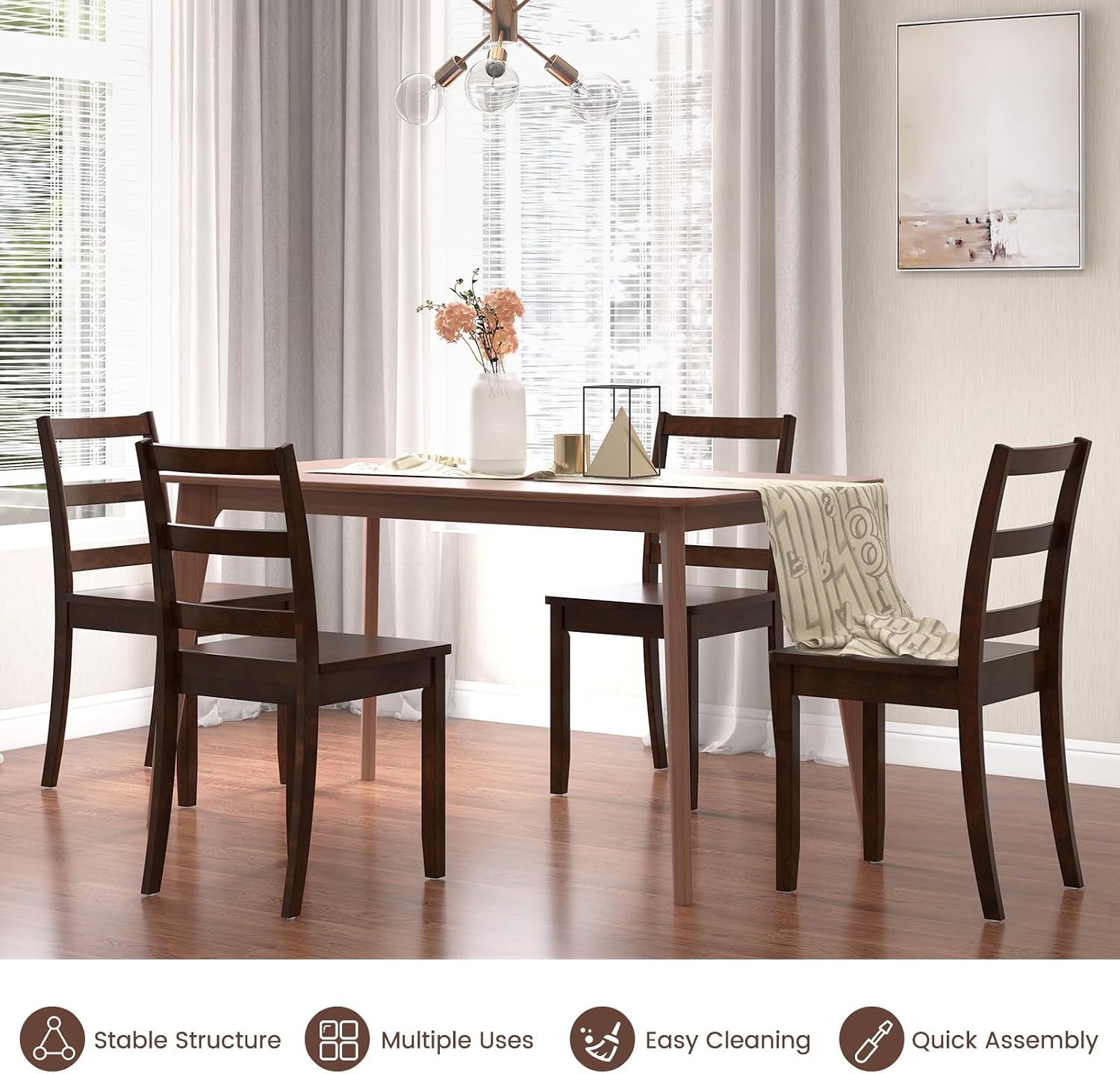 GOFLAME Dining Chairs Set of 4, Ladder Back Side Chairs with Solid Rubber Wood Legs & Non-Slip Food Pads, 4-Pack Space-Saving Armless Dining Chairs for Dining Room, Living Room, Restaurant, Brown
