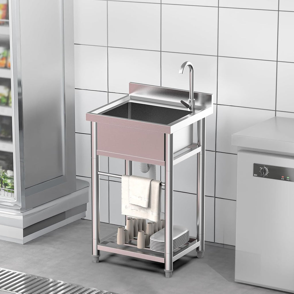ROVSUN Stainless Steel Utility Sink with Faucet and Storage Shelf, 19.6'D x 21.6'W x 36.9'H, Compact Freestanding Single Bowl Wash Basin for Restaurant, Kitchen, Laundry, Garage & Outdoor Use