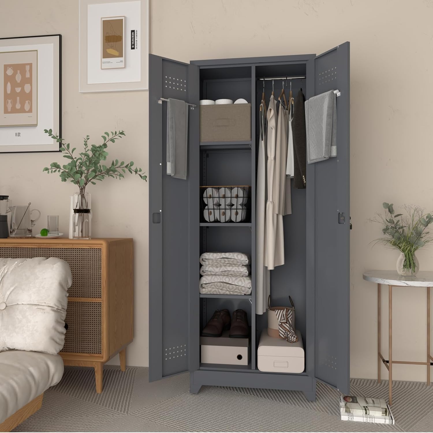 LUCYPAL 65' H Metal Garage Storage Cabinet with Shelves and Lock,Broom Closet Storage Cabinet with Hanging Rods for Mops,Garage Tool Cabinets for Utility Room,Laundry Room,Grey