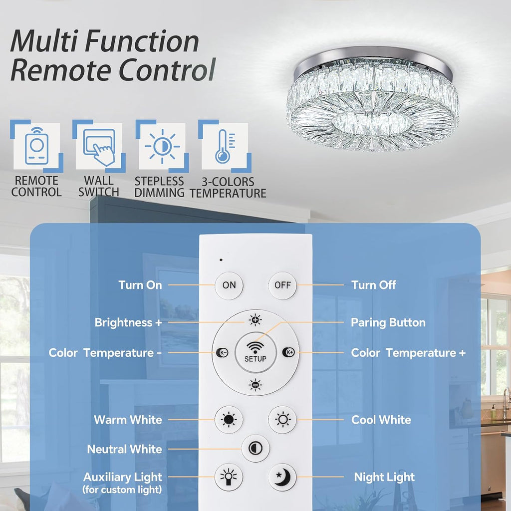 16.5 Inch Dimmable Chandelier with Remote Control LED Crystal Chandelier Modern Flush Mount Ceiling Light Fixtures for Living Room Bedroom Dining Room Entrance (dimmable-16.5')