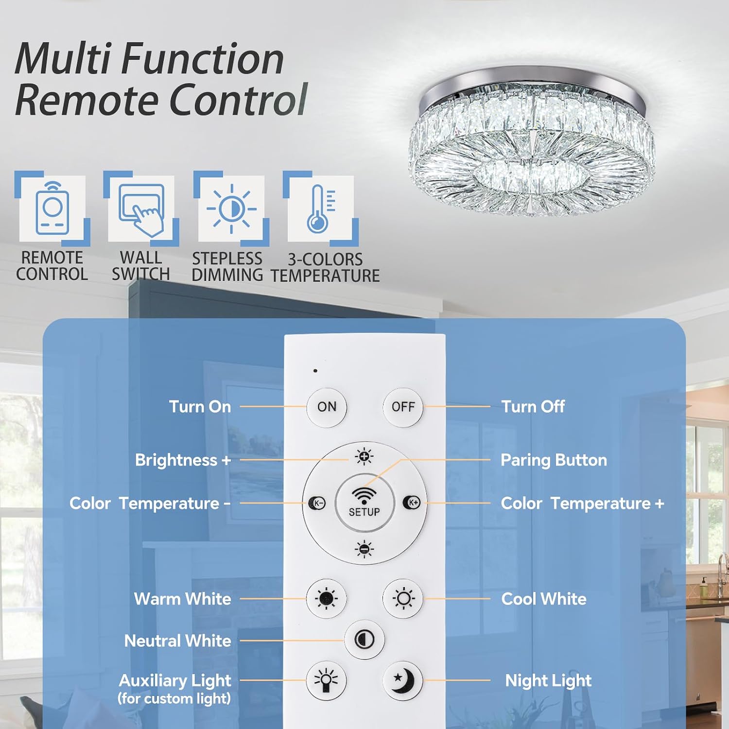 16.5 Inch Dimmable Chandelier with Remote Control LED Crystal Chandelier Modern Flush Mount Ceiling Light Fixtures for Living Room Bedroom Dining Room Entrance (dimmable-16.5')