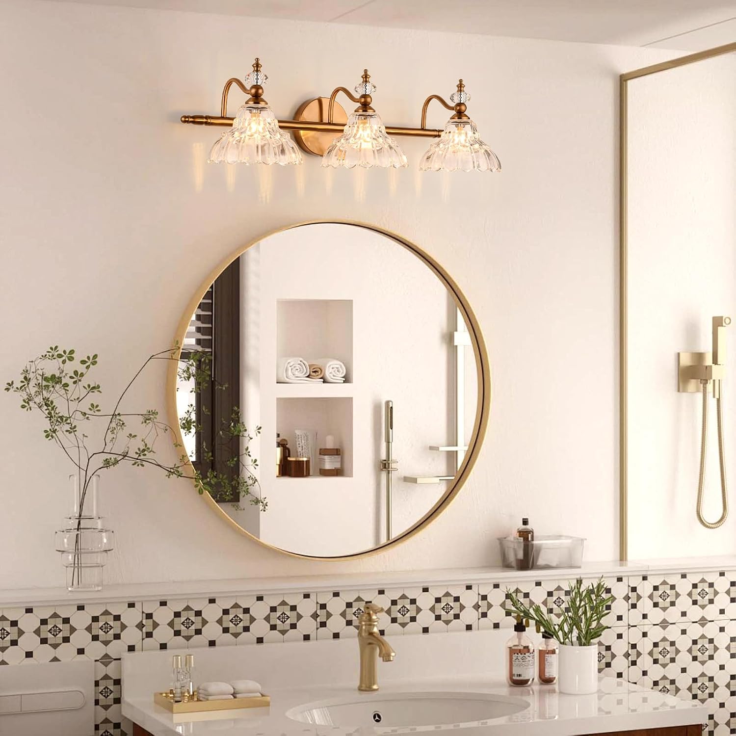 LOUSACE 3-Light Gold Vintage Bathroom Vanity Lights, Antique Brass Bathroom Light Fixture Over Mirror, Retro Brass Vanity Lighting Fixtures with Crystal Glass Shade, Restroom Wall Light Fixture