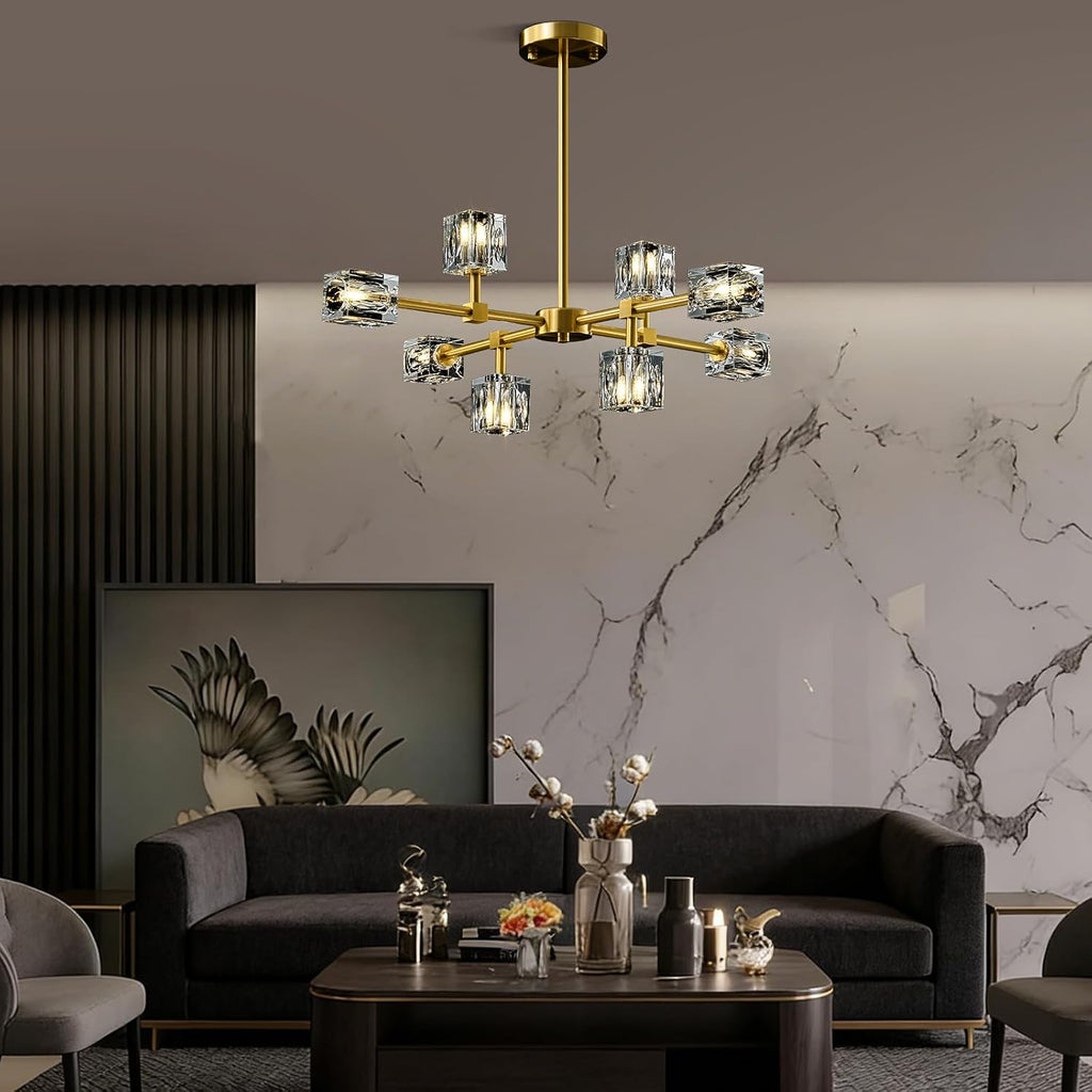 Modern Sputnik Crystal Kitchen Chandelier - Luxury Elegant 8 Light Gold Brushed Brass Chandeliers - Adjustable Height Pendant Lighting Ceiling Fixture for Dining Room Living Room Island Table Bedroom
