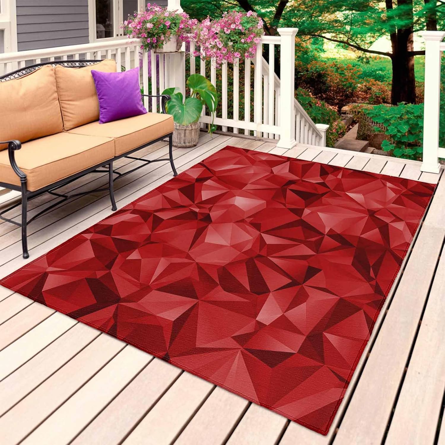 Red Geometric Outdoor Rug for Patio/Deck/Porch, Non-Slip Large Area Rug 5 x 7 Ft, Vintage Minimalism Abstract Aesthetic Indoor Outdoor Rugs Washable Area Rugs, Reversible Camping Rug Carpet Runner