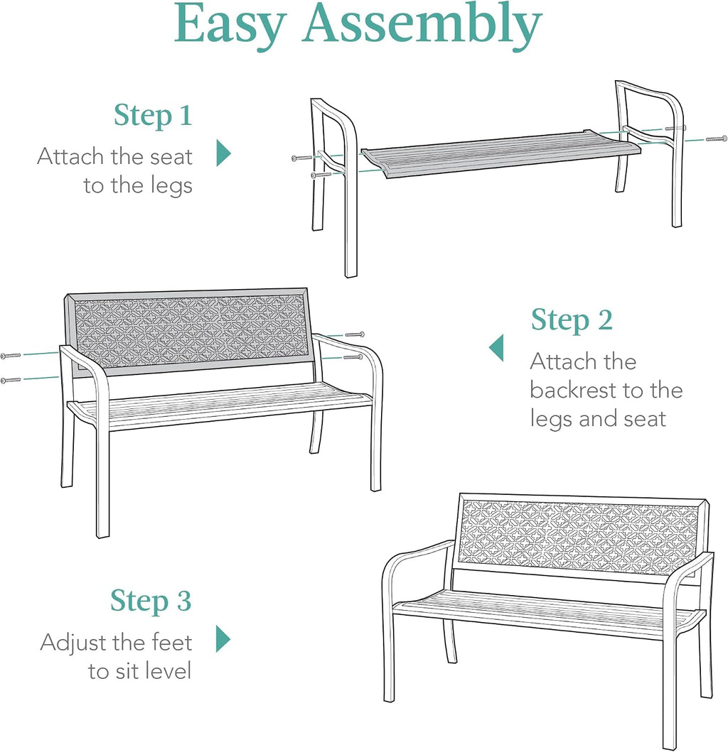 Best Choice Products Outdoor Bench 2-Person Metal Steel Benches Furniture for Garden, Patio, Porch, Entryway w/Geometric Backrest, 790lb Capacity - Peacock Blue
