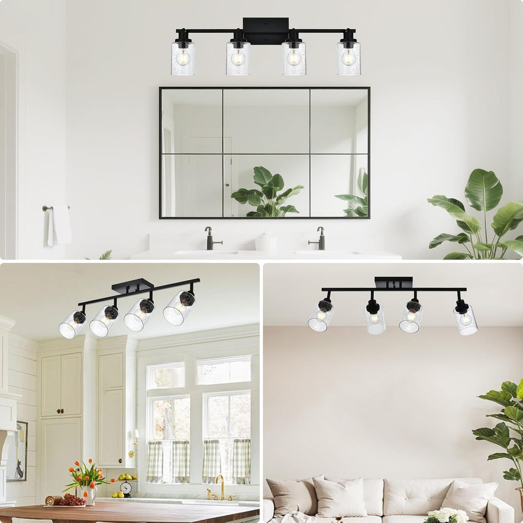 4-Light Black Track Lighting Kit Ceiling Mount Kitchen Track Lighting Fixtures, Bathroom Ceiling Tracking Vanity Light with Bubble Seeded Glass Shade & Rotatable Tracking Heads for Accent Shop