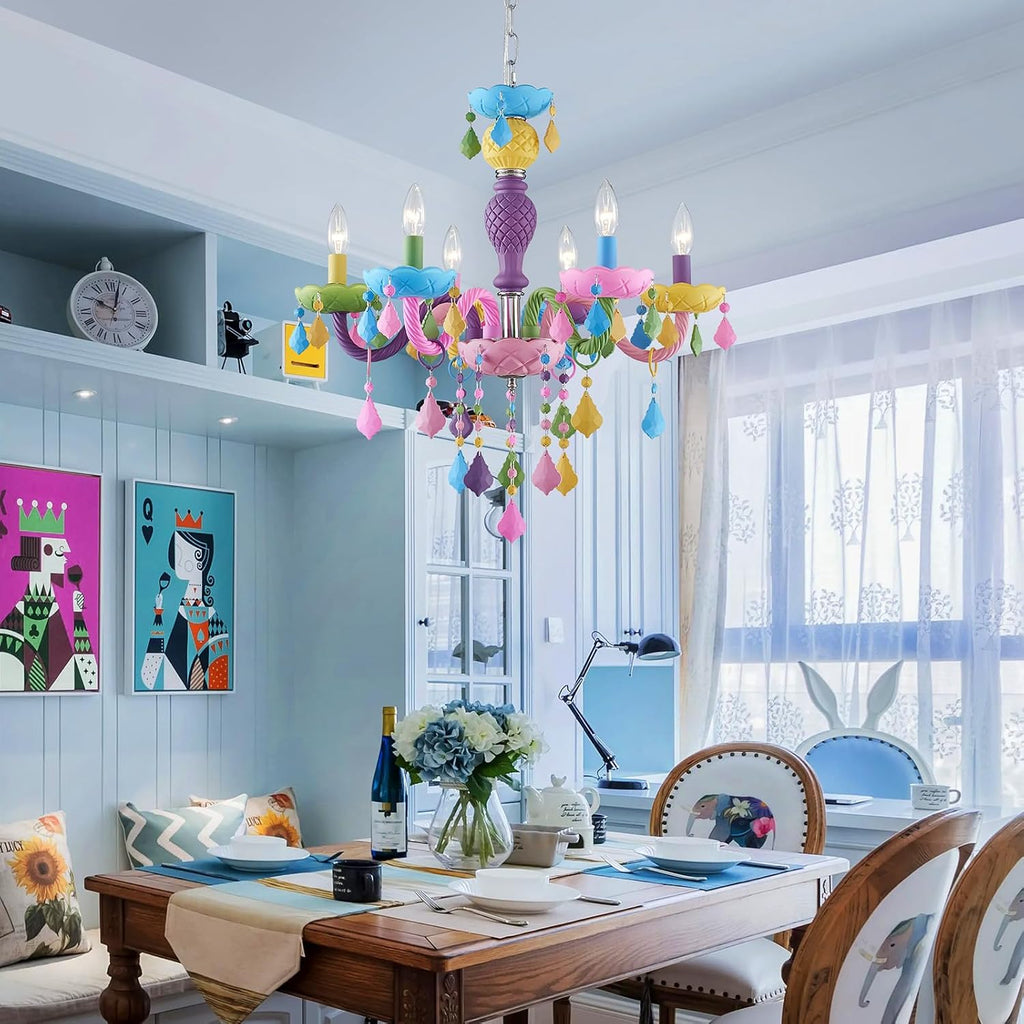 6-Light Children Crystal Chandeliers, Modern Design Rainbow Colorful Pendant Light Fixture for Bedroom, Dining Room, D23×H33~71 inch(Adjustable Height), Macaron Color Finish & K9 Crystal