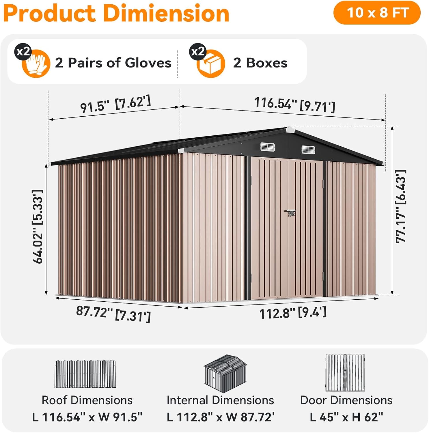 10x8FT Outdoor Storage Shed, Metal Garden Shed with Lockable Double Doors & Sloping Roof, Weather-Resistant Tool Shed for Backyard, Patio, Poolside Brown