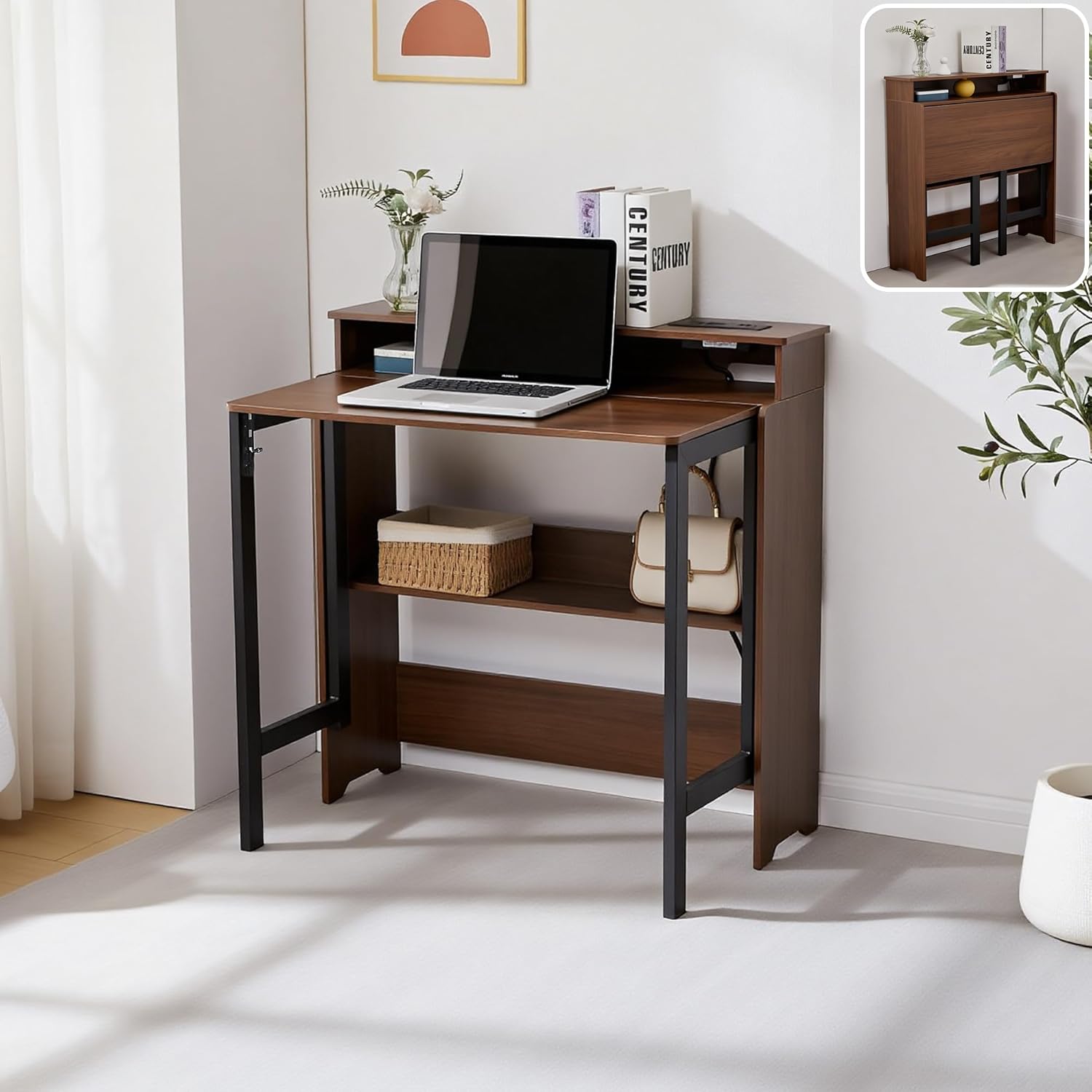 Fold Out Desk with Charging Station, Folding Desk with Monitor Stand,Storage Shelf,Small Foldable Desk for Compact Home Office Spaces