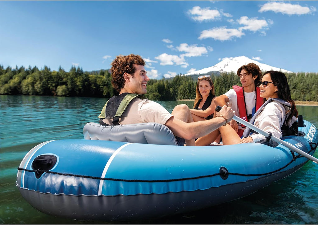 INTEX 66324EP Excursion 4 Inflatable Boat Set: Includes Deluxe 54in Aluminum Oars and High-Output Pump – Adjustable Seats with Backrest – Fishing Rod Holders – 4-Person – 1100lb Weight Capacity