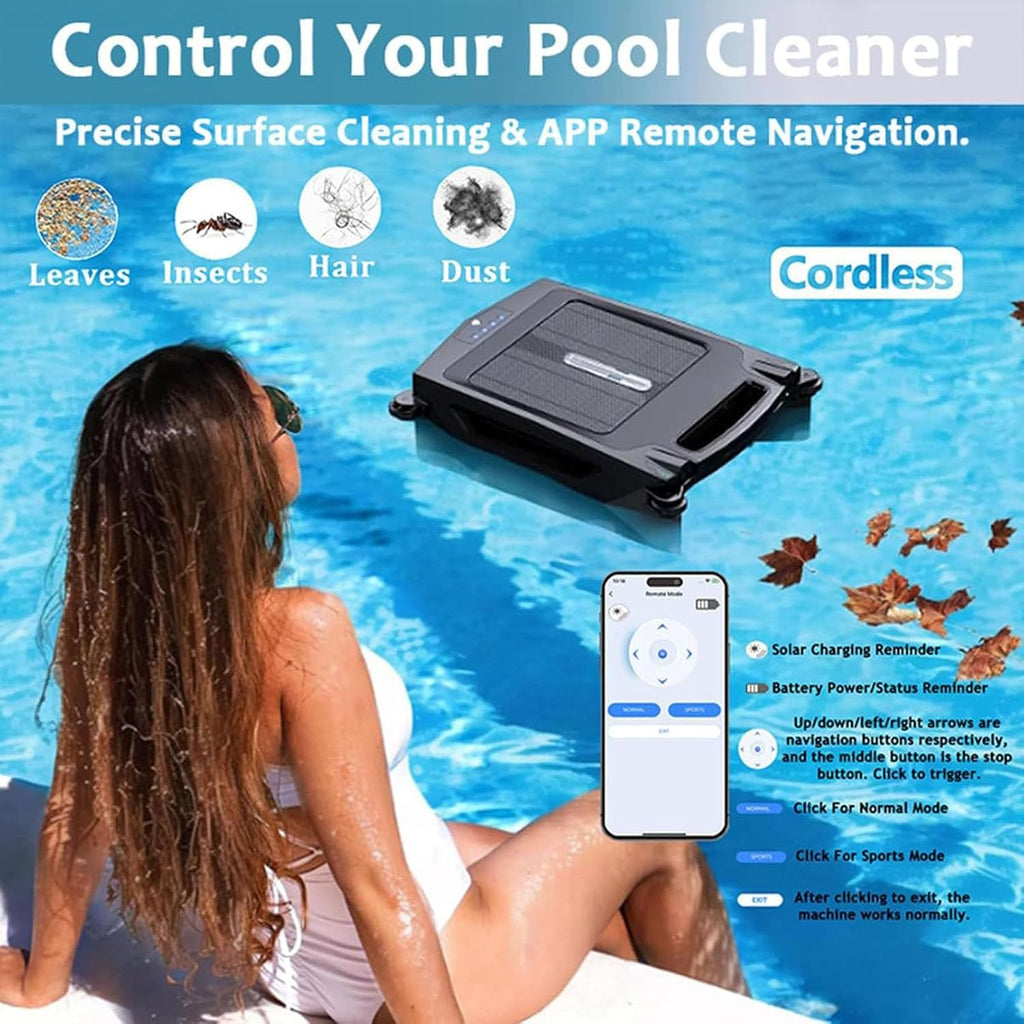 Solar Powered Pool Surface Cleaning Robots, Dual Charging Mode, Two Cleaning speeds, Smart Obstacle Avoidance, Up to 1600 SQ/FT, 2500mAh