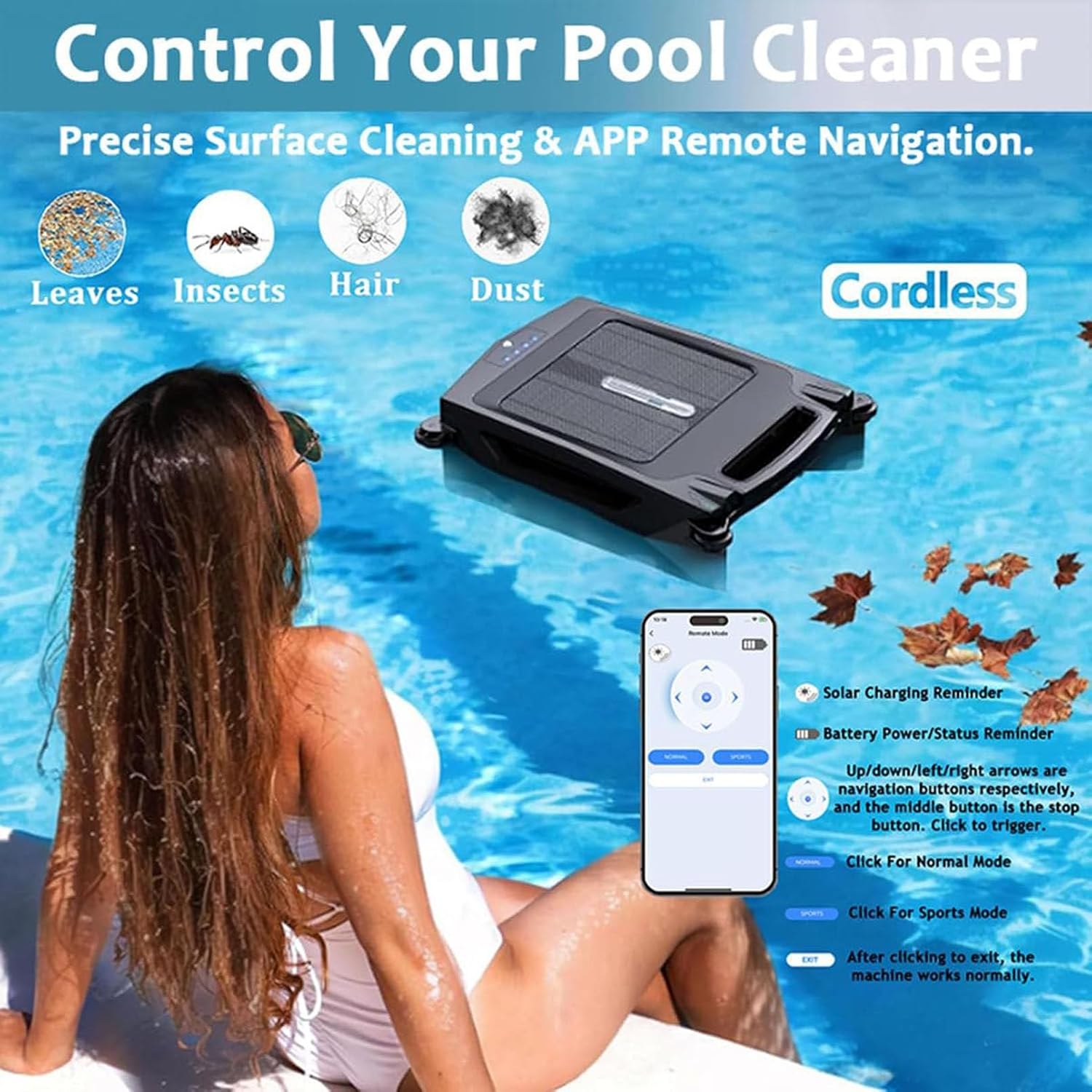 Solar Powered Pool Surface Cleaning Robots, 2500mAh Dual Charging Mode, Two Cleaning speeds, Smart Obstacle Avoidance, Up to 1600 SQ/FT