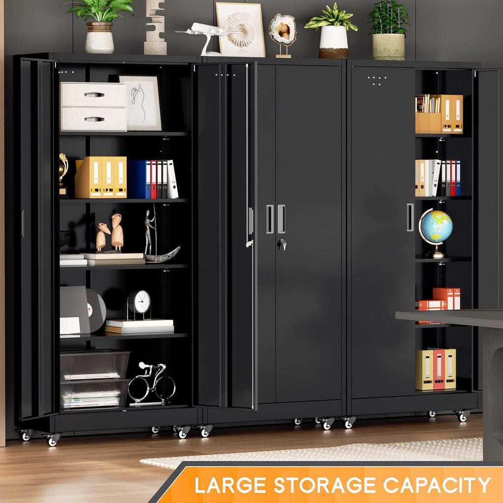 Bonusall 73' Metal Garage Storage Cabinet,Heavy-Duty Rolling Storage Cabinet with Wheels,Assembly Required,Locking Steel Cabinets for Home Office,Warehouse or Workshop-Black