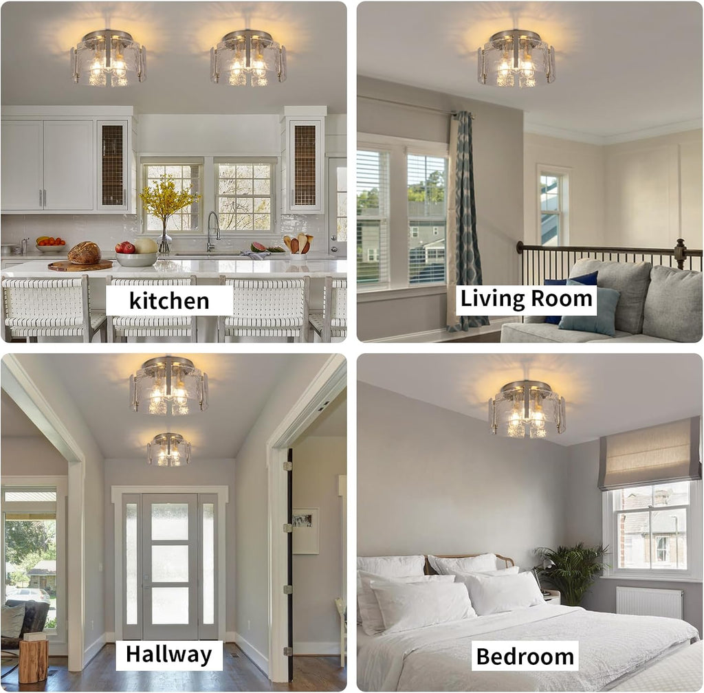 Nickel Semi Flush Mount Ceiling Light Fixture, 14-Inch Glass Drum Flush Mount Light Modern Foyer Lighting Fixtures Farmhouse Kitchen Lights for Entryway Hallway Bathroom Laundry Room Bedroom