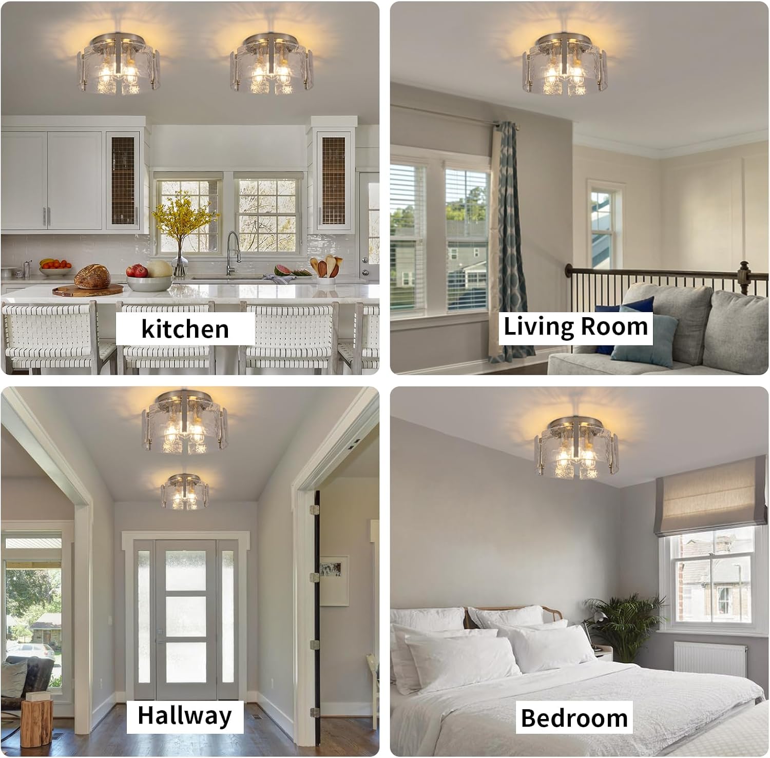 Nickel Semi Flush Mount Ceiling Light Fixture, 14-Inch Glass Drum Flush Mount Light Modern Foyer Lighting Fixtures Farmhouse Kitchen Lights for Entryway Hallway Bathroom Laundry Room Bedroom