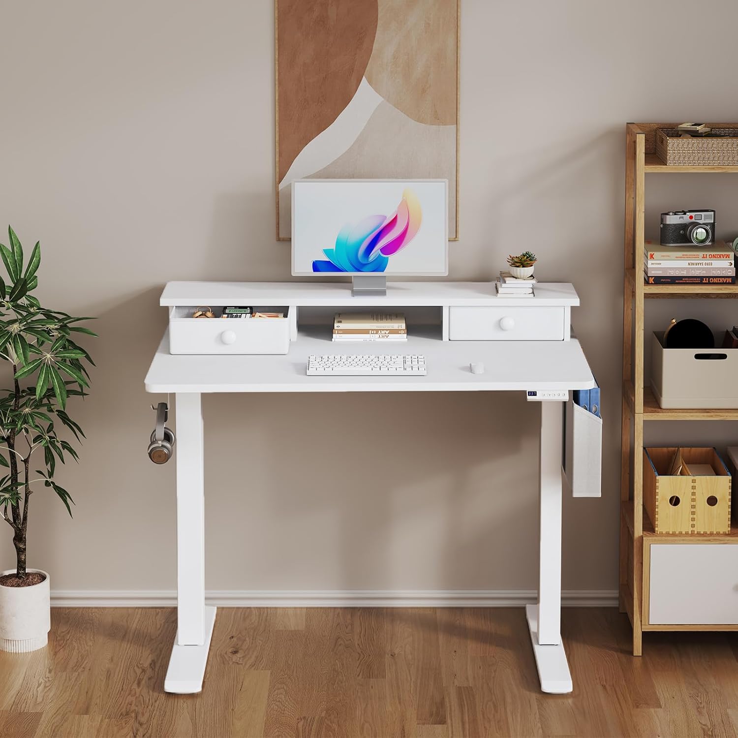 White Electric Standing Desk with Drawers - 40 Inch Small Standing Desk with Shelf Monitor Stand Storage Height Adjustable for Home Office, Study Writing Girls Computer Sit Stand Desks for Bedroom