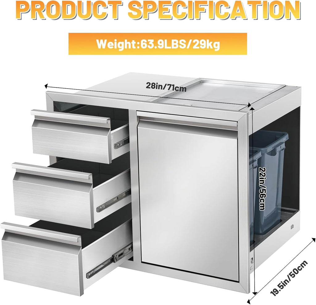 Outdoor Kitchen Drawer Combo Cabinet Stainless Steel Triple Drawers & Trash Drawer with 2 Trash Cans, 28' W x 22' H x 19.5' D Outdoor Kitchen Cabinets for BBQ Grill Station