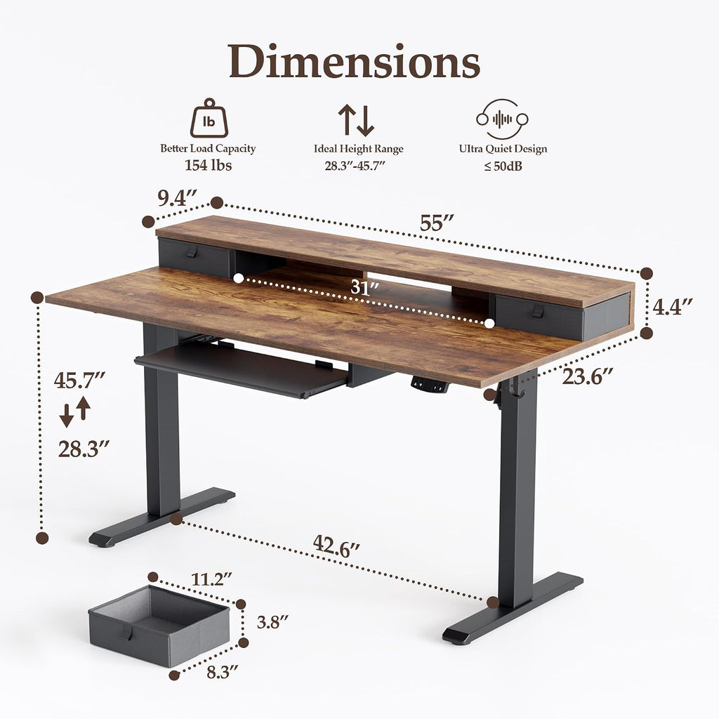 Klicelor 63 x 23.6 Inch Electric Standing Desk with Drawers, Adjustable Height Small Sit Stand Desk for Home Office, Compact Computer Workstation with Storage– Rustic Brown