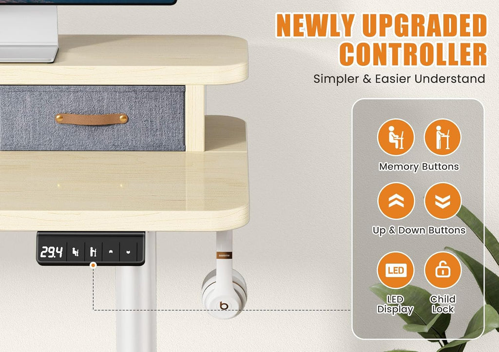 Flycity Electric Standing Desk with Dual Drawers, 55' x 24' Height Adjustable Desk Sit Stand Desk with Memory Controller, Casters & 2 Hooks, Ergonomic Low Noise Home Office Desk, Maple