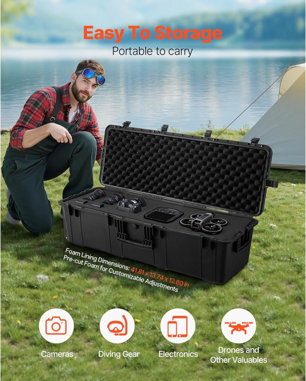 VEVOR Weatherproof Hard Case, Heavy Duty Protective Dry Box Case with Pre-Cut Foam Retractable Pull Handles for Travel, Hunt, Military, Tactical, IP67 Waterproof Case for Cameras(44.09*15.94*13.46)
