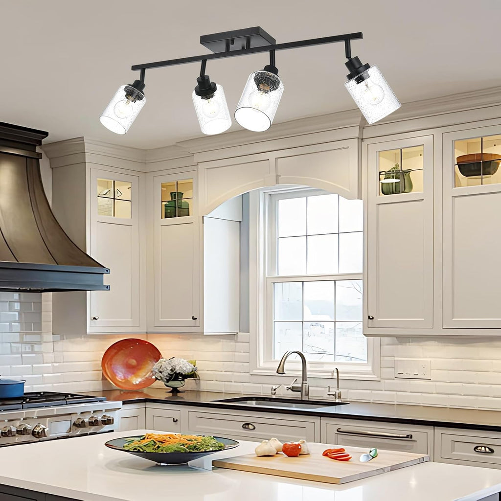 4-Light Black Track Lighting Kit Ceiling Mount Kitchen Track Lighting Fixtures, Bathroom Ceiling Tracking Vanity Light with Bubble Seeded Glass Shade & Rotatable Tracking Heads for Accent Shop