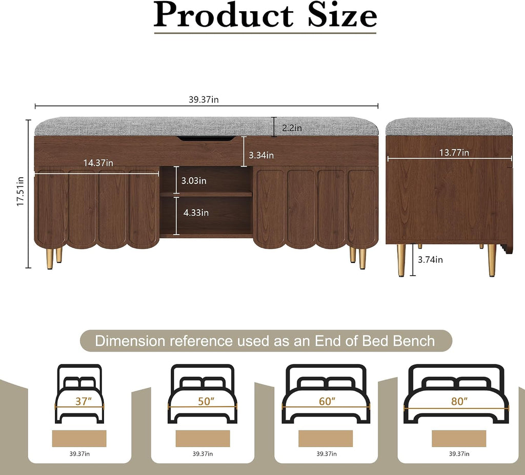 3More 40' Entryway Shoe Storage Bench,Upholstered Hidden Space Beneath Seat Cushion Bench,2-Tier Unique Geometric Shape with Wood Grain,Walnut
