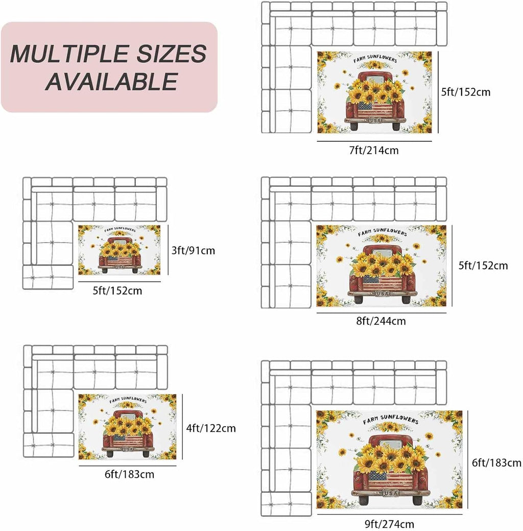 Sunflower Truck Outdoor Rug for Patio/Deck/Porch, Non-Slip Large Area Rug 5 x 8 Ft, Yellow Flowers Summer Botanical Watercolor Indoor Outdoor Rugs Washable Area Rugs, Camping Rug Carpet Runner