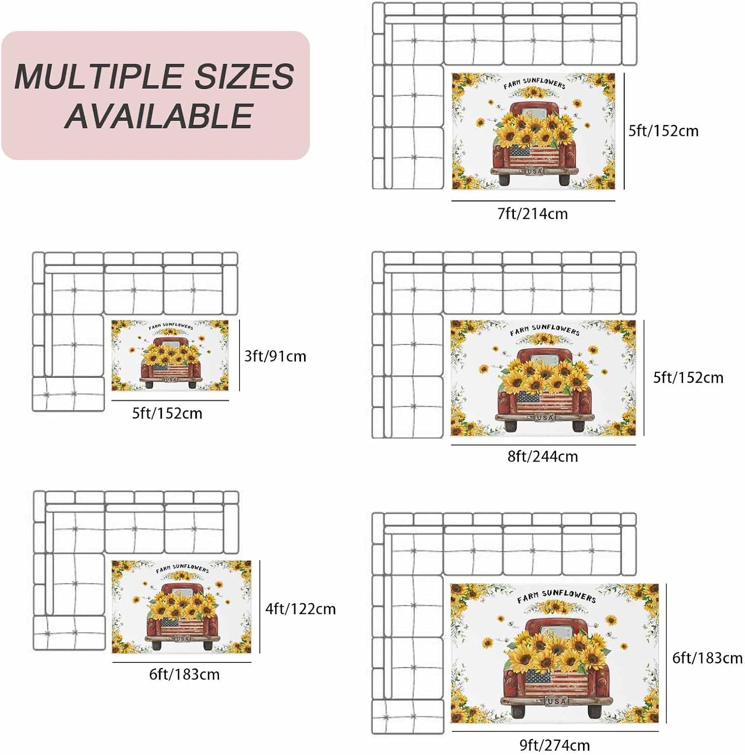 Sunflower Truck Outdoor Rug for Patio/Deck/Porch, Non-Slip Large Area Rug 5 x 7 Ft, Yellow Flowers Summer Botanical Watercolor Indoor Outdoor Rugs Washable Area Rugs, Camping Rug Carpet Runner