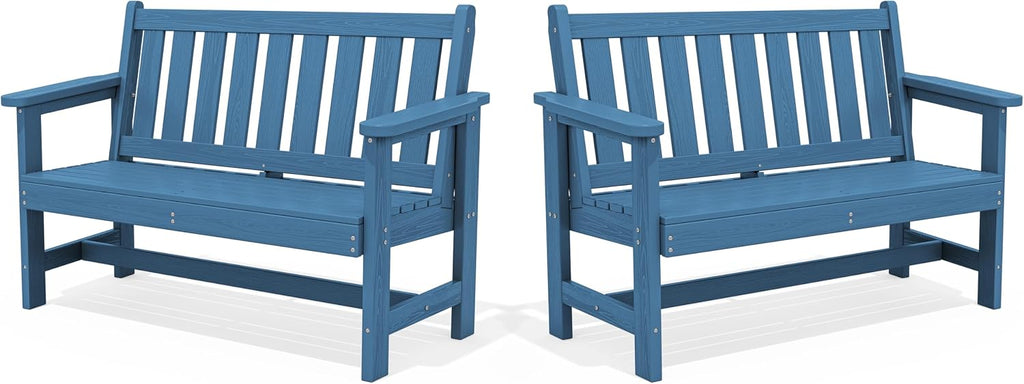 SERWALL HDPE Outdoor Benches Weatherproof, 2-Person Garden Bench with 660 lbs Weight Capacity, Patio Benches for Outdoors, Garden, Porch, Park, Navy, 2 Pack